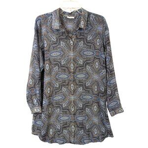 J Jill Women size L Sheer Southwestern Paisley Printed Tunic Top Classic Button
